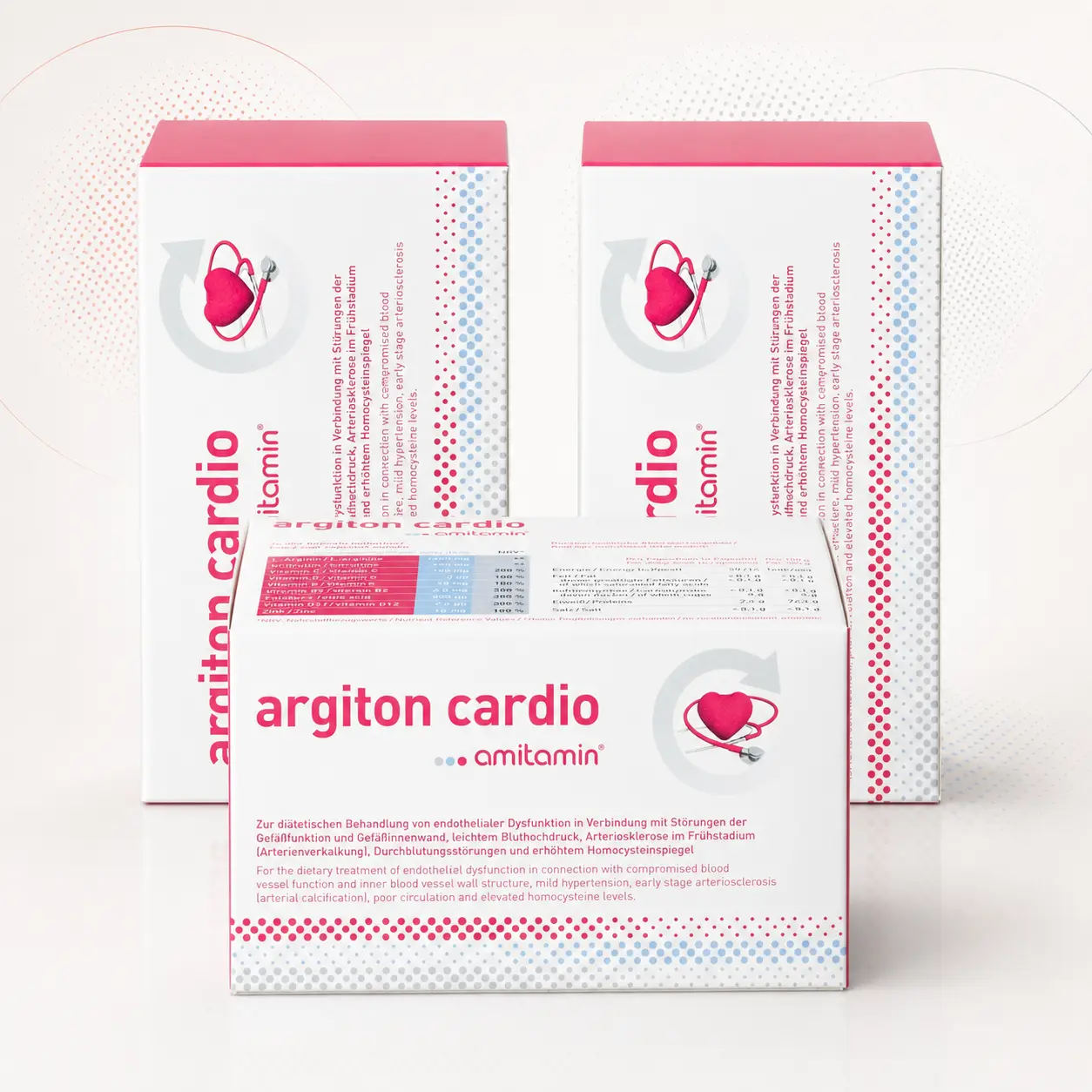 Amitamin Argiton Cardio als grafisch verfeinerte Produktserie auf warmweißem Grund