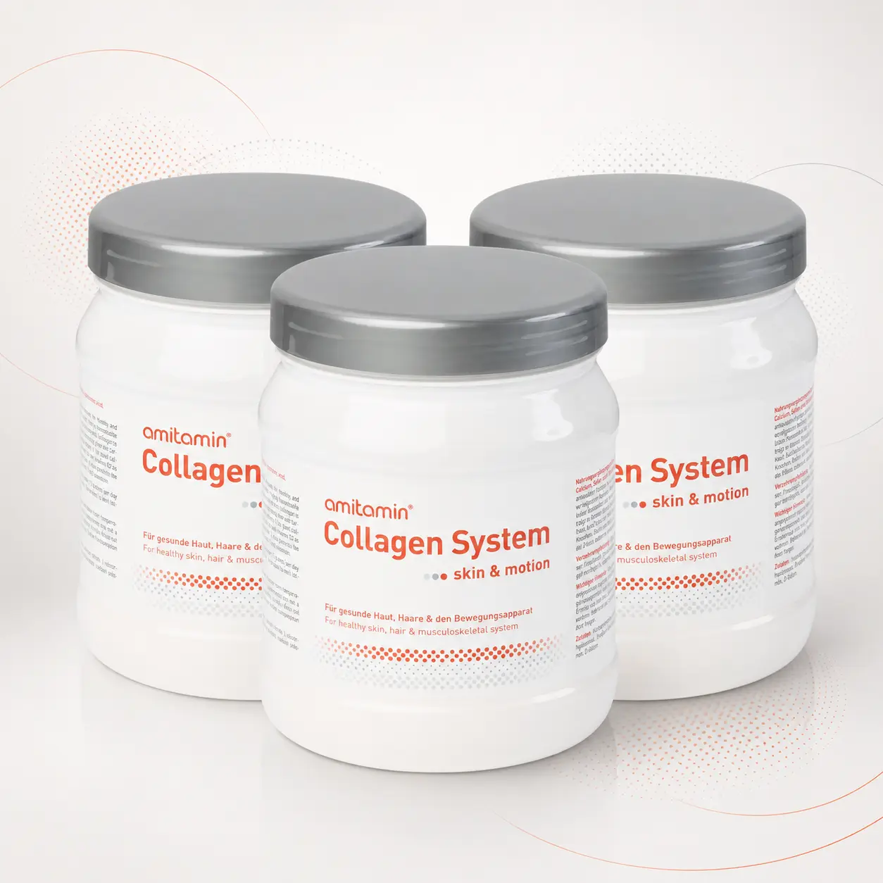 Drei Dosen Amitamin Collagen System als grafisch verfeinerte Produktserie auf warmweißem Grund