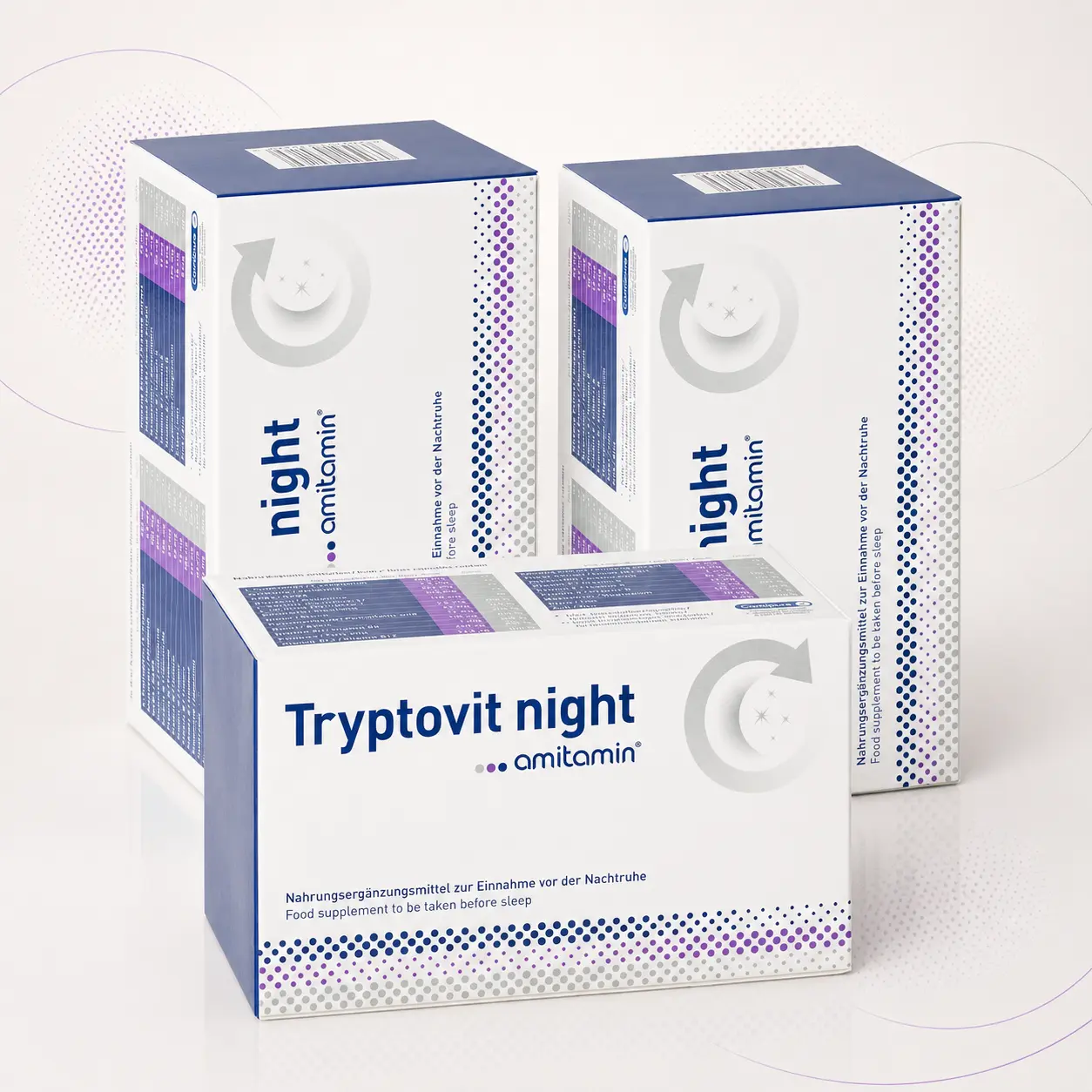 Amitamin Tryptovit Night als grafisch verfeinerte Produktserie auf warmweißem Grund