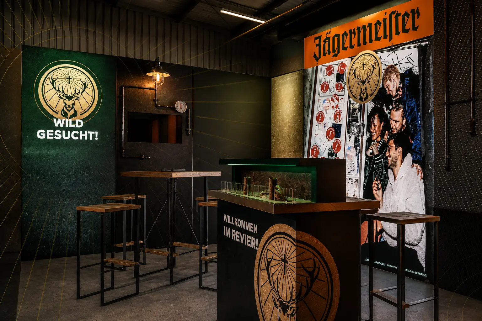 Inszenierter Jägermeister-Markenraum mit vollständigem Markenschriftzug, Bar und Lichtgestaltung
