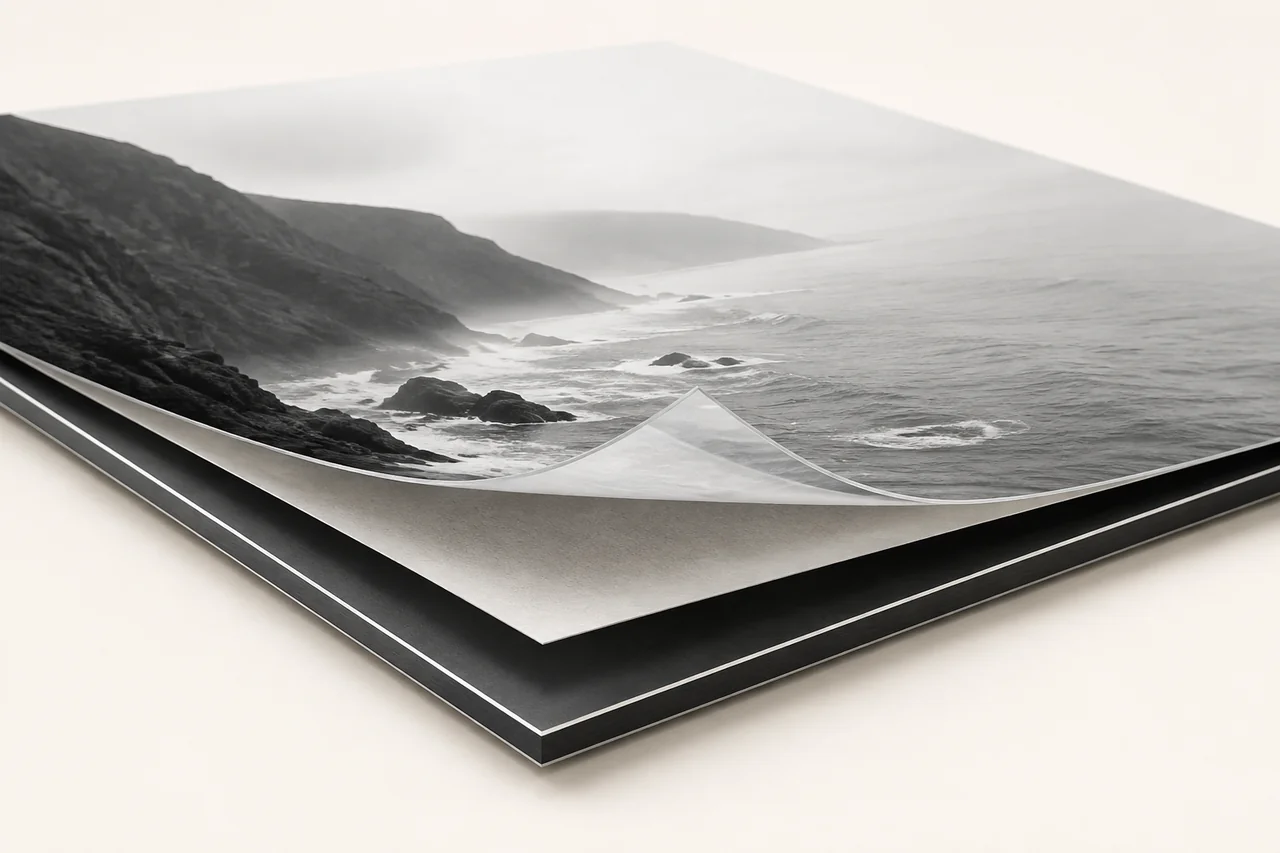 Materialdarstellung eines kaschierten Fotoprints auf Alu-Dibond